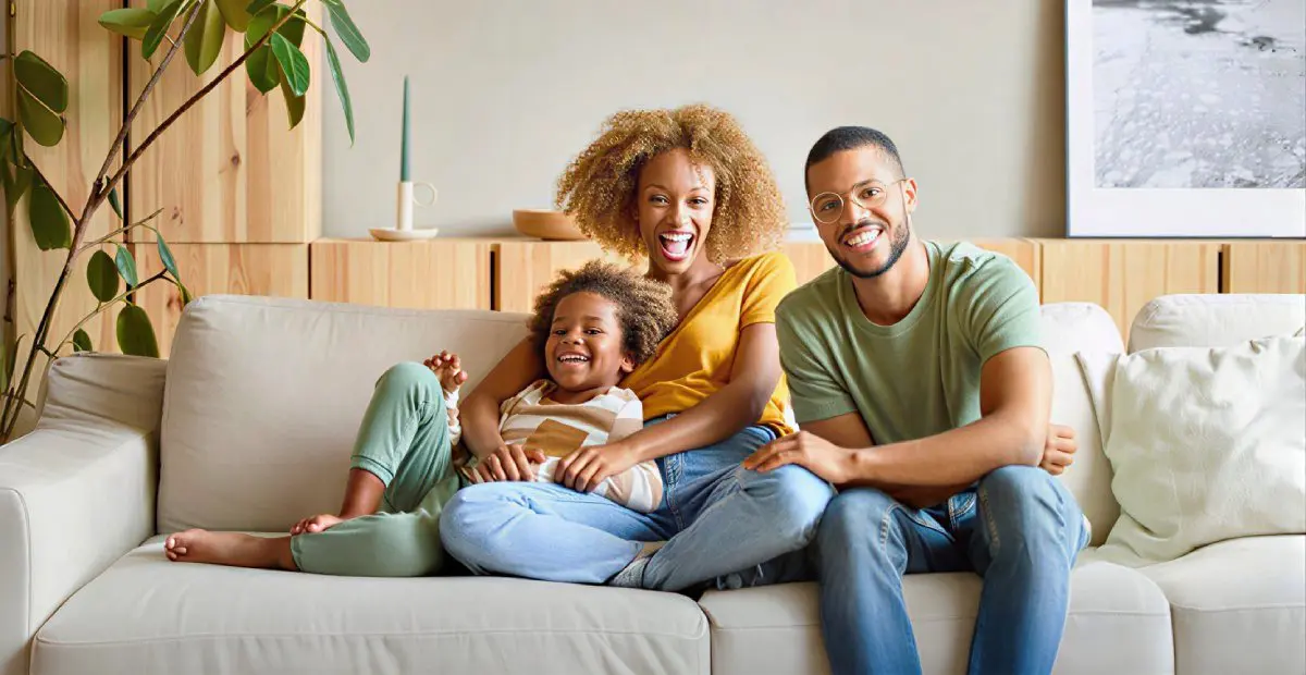 Happy parents sitting with son at home